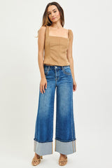 Risen Mid Rise Double Front Pocket Detailed Wide Leg Jeans