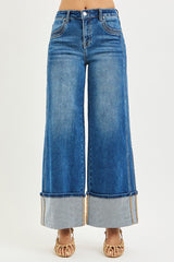 Risen Mid Rise Double Front Pocket Detailed Wide Leg Jeans