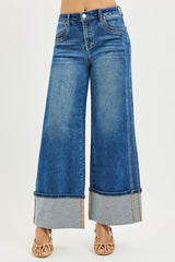 Risen Mid Rise Double Front Pocket Detailed Wide Leg Jeans