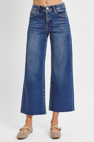 Risen Dark Wash Mid Rise Cropped Wide Leg Jeans