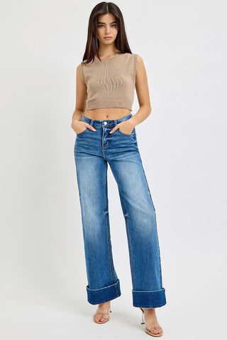 Risen Tummy Control Ankle Wide Leg Cuffed Jeans