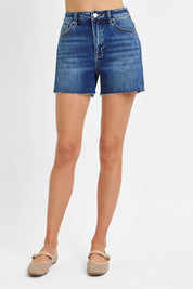 Risen High Rise Raw Cut Hem Short w/ Side Slit - DARK WASH