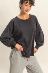 Washed Black Oversized Long Sleeve Top w/ Side Slit