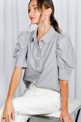 Black Short Sleeve Puff Striped Top