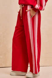 Red French Terry Lace Trim Pants
