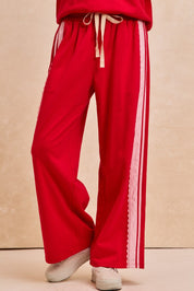 Red French Terry Lace Trim Pants