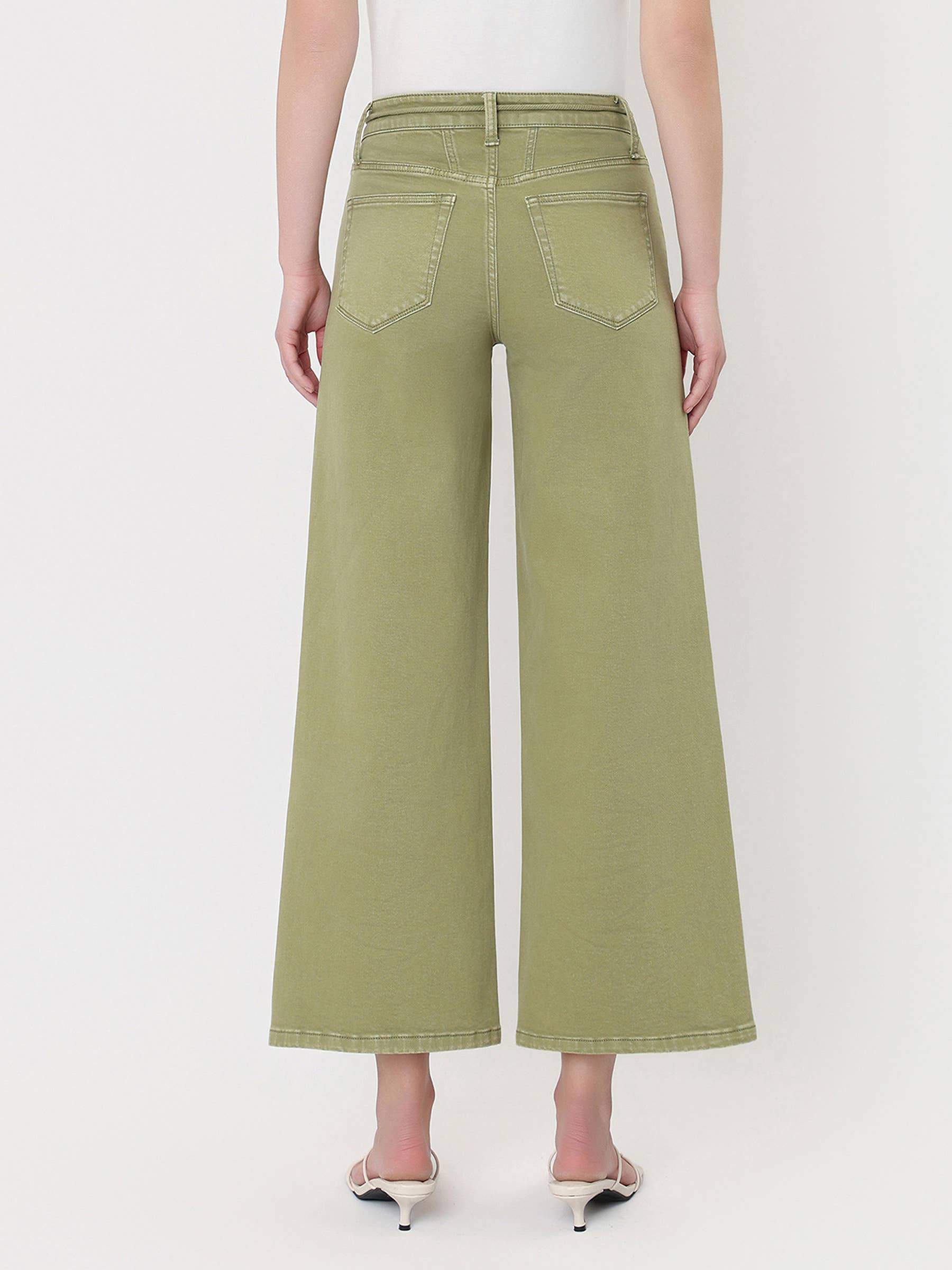 Olive High Rise Cropped Wide Leg Jeans w/ Drawstring