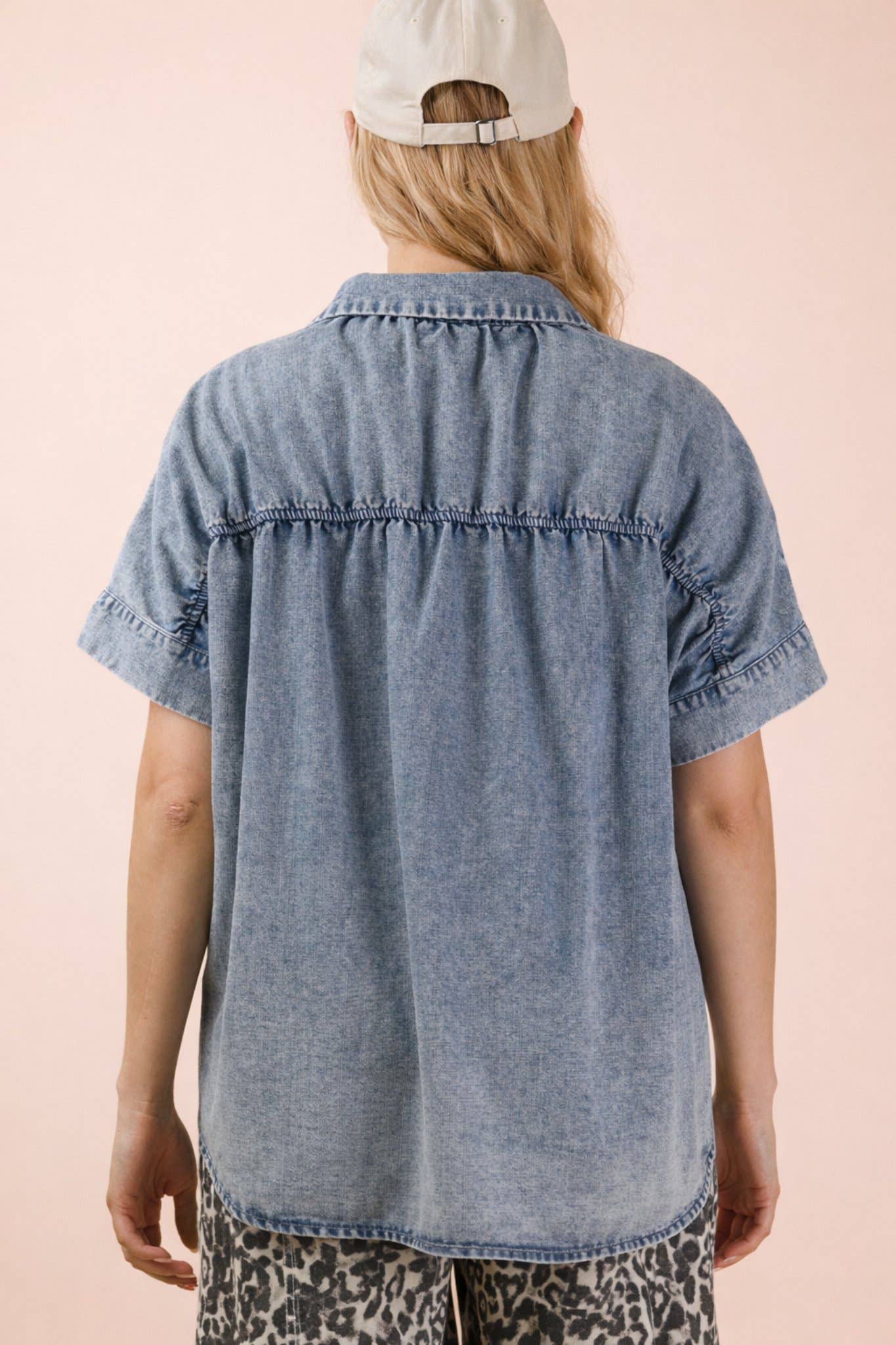 Mineral Washed Chambray Oversized Shirt Top - Indigo