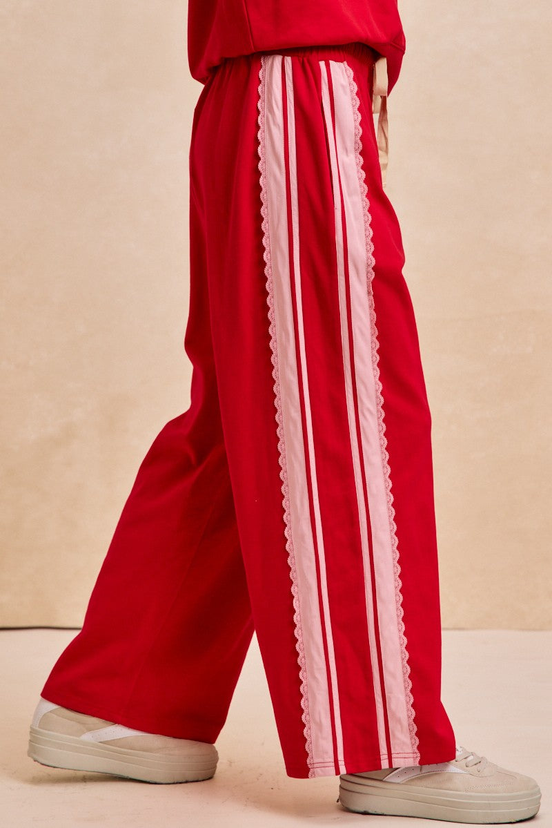 Red French Terry Lace Trim Pants