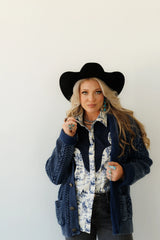Denim Blue Corded Sweater Cardigan w/ Concho Buttons