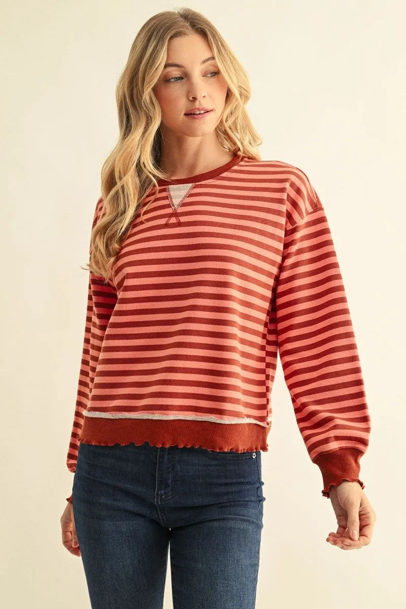 Brick Mix Stripe Lettuce Hem Long Sleeve French Terry Top