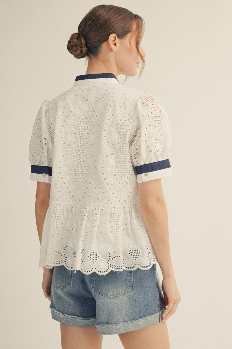 White Eyelet Peplum Top w/ Navy Trim Detailing
