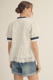 White Eyelet Peplum Top w/ Navy Trim Detailing