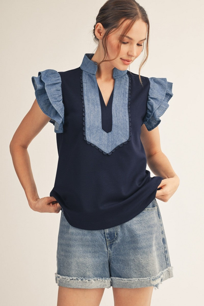 Navy/Denim Contrast Ruffle Sleeve Top