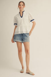White Eyelet Peplum Top w/ Navy Trim Detailing