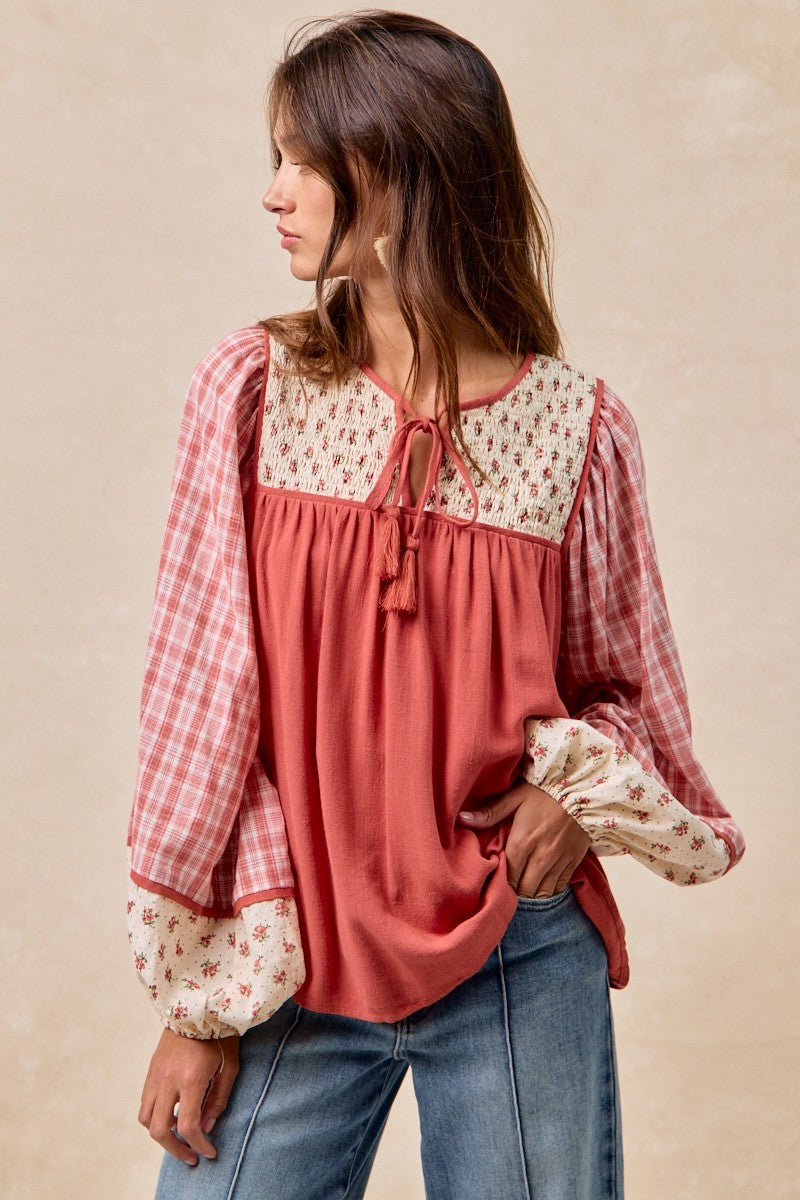 Coral Mixed Media Smocked Detail Top