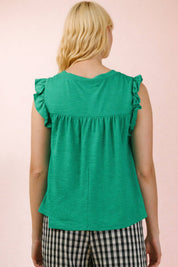 Ruffle Detail Solid Knit Tank Top - GREEN & LAVENDER
