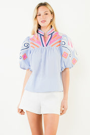 THML Blue Striped Embroidered Puff Sleeve Top