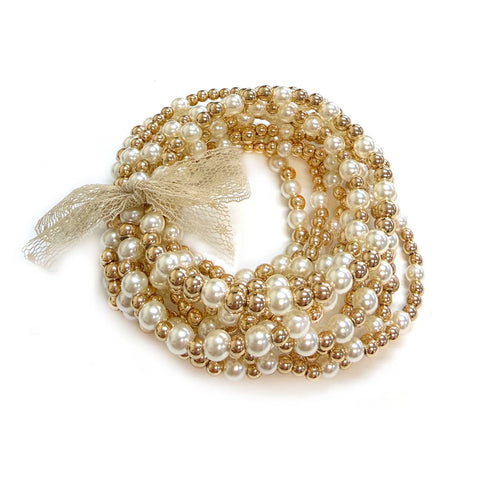 Set of 10 Gold & Pearl Bracelet Set