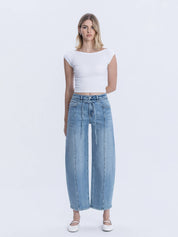 High Rise Tie Waist Cropped Wide Leg Barrel Jean
