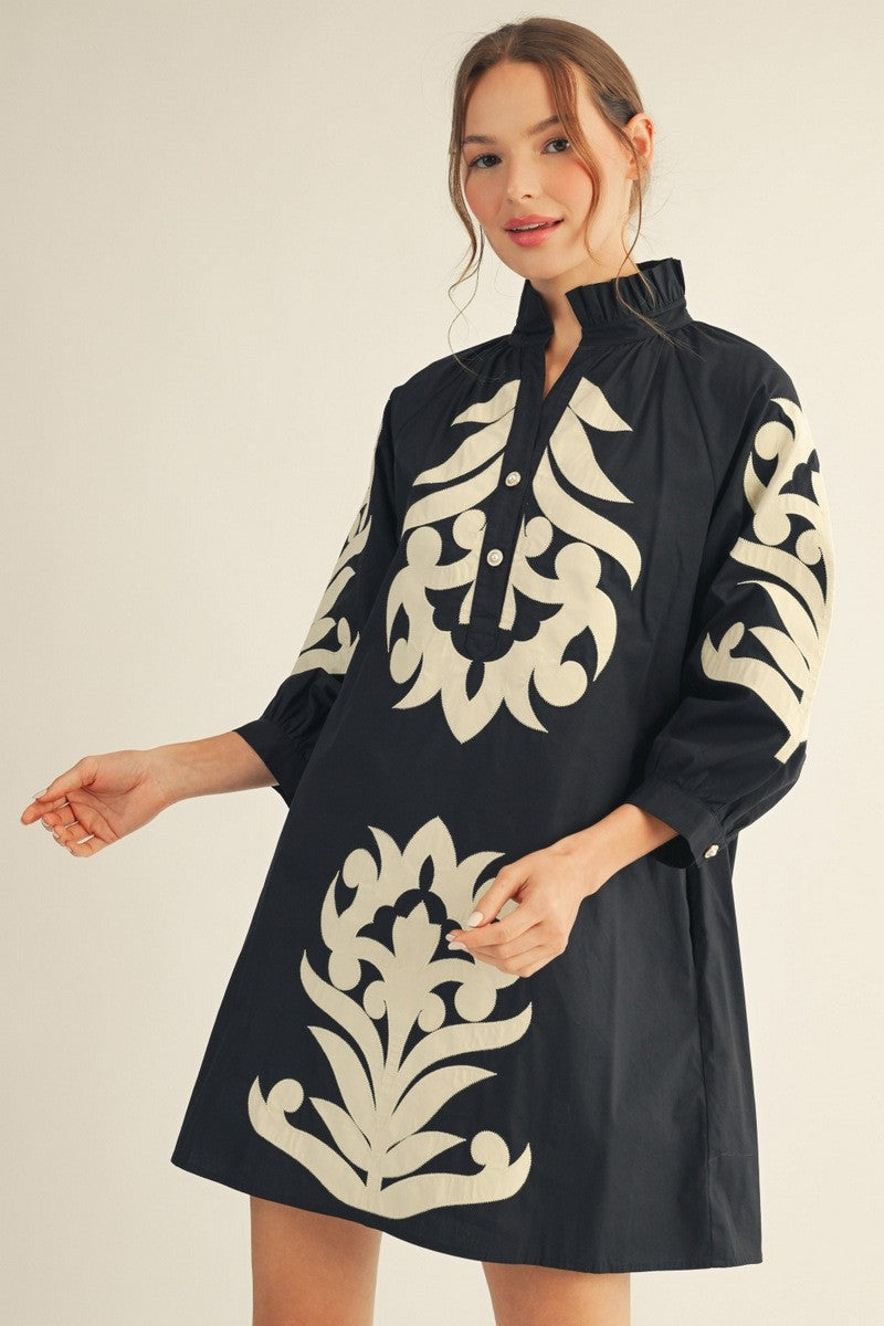 Black Baroque Floral Applique Dress