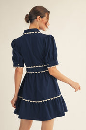 Navy Scalloped Trim Accent Button Down Dress