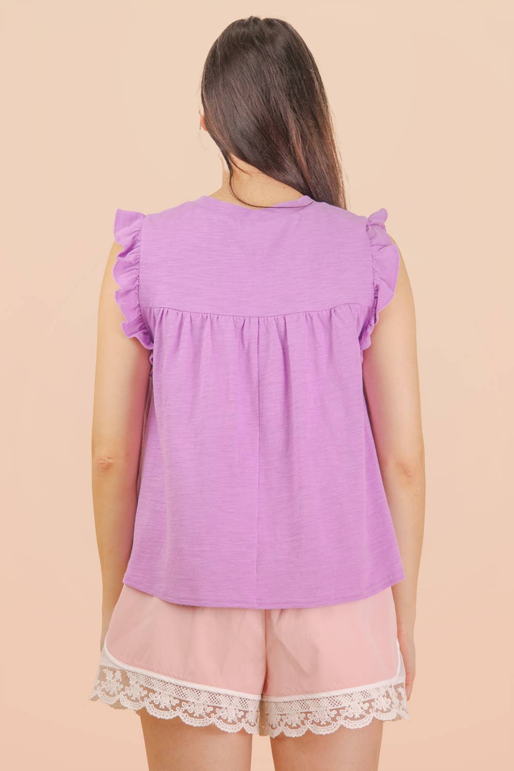 Ruffle Detail Solid Knit Tank Top - GREEN & LAVENDER