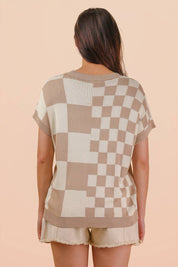 Taupe Mix Checkered Knit Top