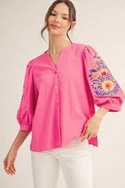 Hot Pink Embroidered 3/4 Sleeve Button Down Top