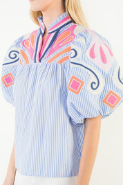 THML Blue Striped Embroidered Puff Sleeve Top