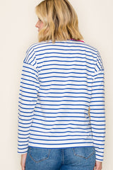 Blue & White Striped Blanket Stitch Long Sleeve Top