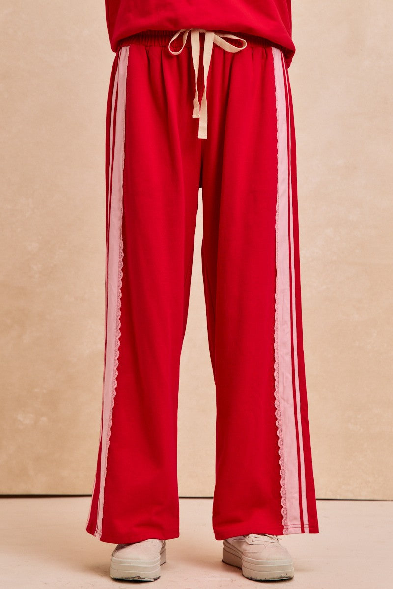 Red French Terry Lace Trim Pants