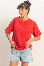 Basic Crew Neck Knit Short Sleeve Top - 2 COLORS - Red & Blue
