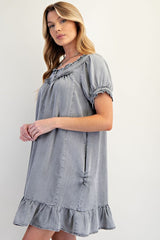 Black Washed Denim Ruffled Dress