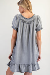 Black Washed Denim Ruffled Dress