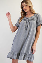Black Washed Denim Ruffled Dress