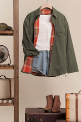 Reversible Corduroy and Plaid Button Down Shirt Jacket - Rust/Olive
