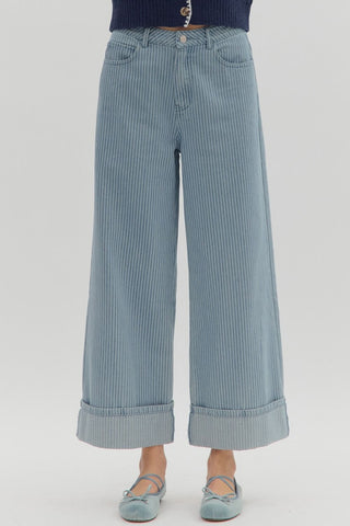 Blue & White Stripe Pants w/ Cuffed Hem