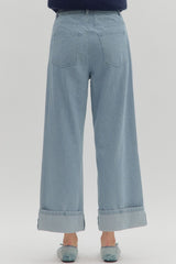Blue & White Stripe Pants w/ Cuffed Hem