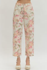 Cream Floral Printed Crop Pant