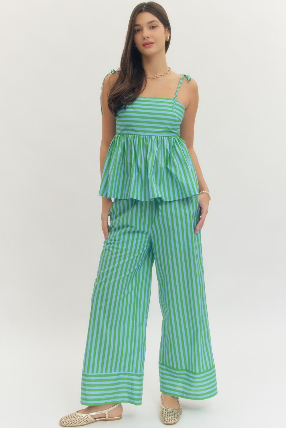 Light Blue/Green Striped Pant Set