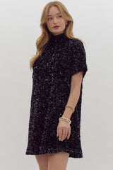 Black Sequin Dress w/ Silk Bow Neck Tie Detail