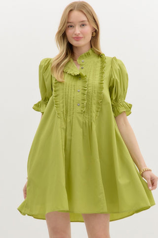 Chartreuse Puff Sleeve Dress w/ Frill Chest Details