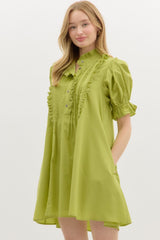 Chartreuse Puff Sleeve Dress w/ Frill Chest Details