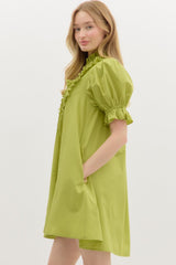 Chartreuse Puff Sleeve Dress w/ Frill Chest Details