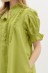 Chartreuse Puff Sleeve Dress w/ Frill Chest Details
