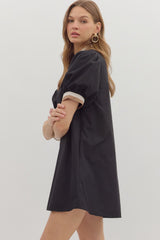 Black Puff Sleeve Dress w/ Mocha & White Stripe Accents