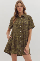 Olive Leopard Button Down Dress