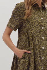 Olive Leopard Button Down Dress