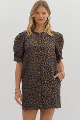 Leopard Dress w/ Puff Sleeves & Gold Lined Buttons